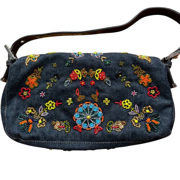 Fendi Baguette Blue Denim Flower Beaded - Picture 2 of 8